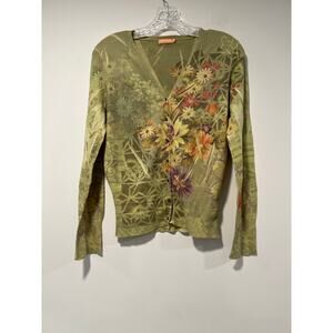 Wearable Art Cut Cute Cardigan Sweater Green Gold Purple Florals Size Large JL